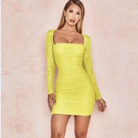 House of CB Valentina Ruched Long Sleeve Dress in Yellow sz XS‎ - Picture 1 of 5